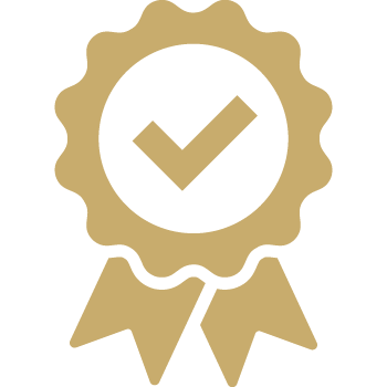 a gold seal with a check mark on it