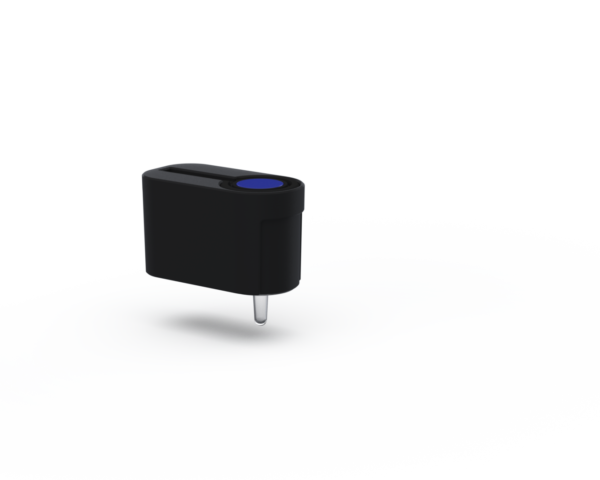 a small black device with a blue light on it